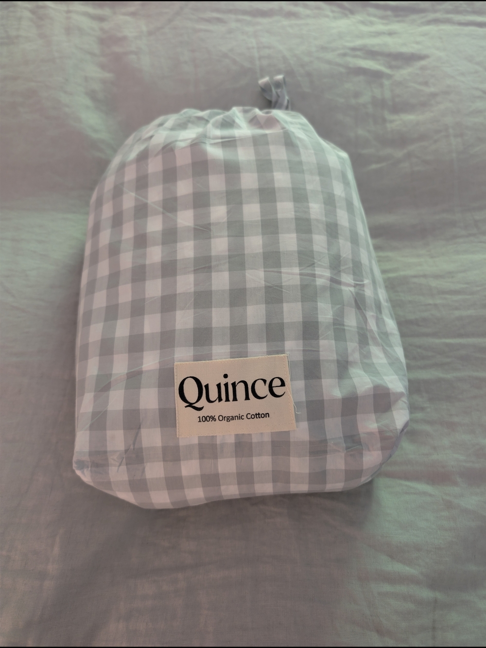 Quince Organic Cotton Percale King Sheet Set Gingham Mist Blue NEW